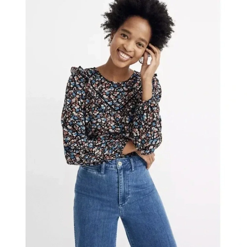 Madewell Ruffle-Yoke Puff Sleeve Prairie Top Spring Prairie Black Floral Size XL